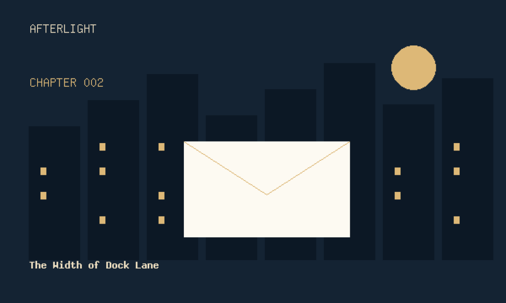 Original envelope and night-city illustration for chapter 2
