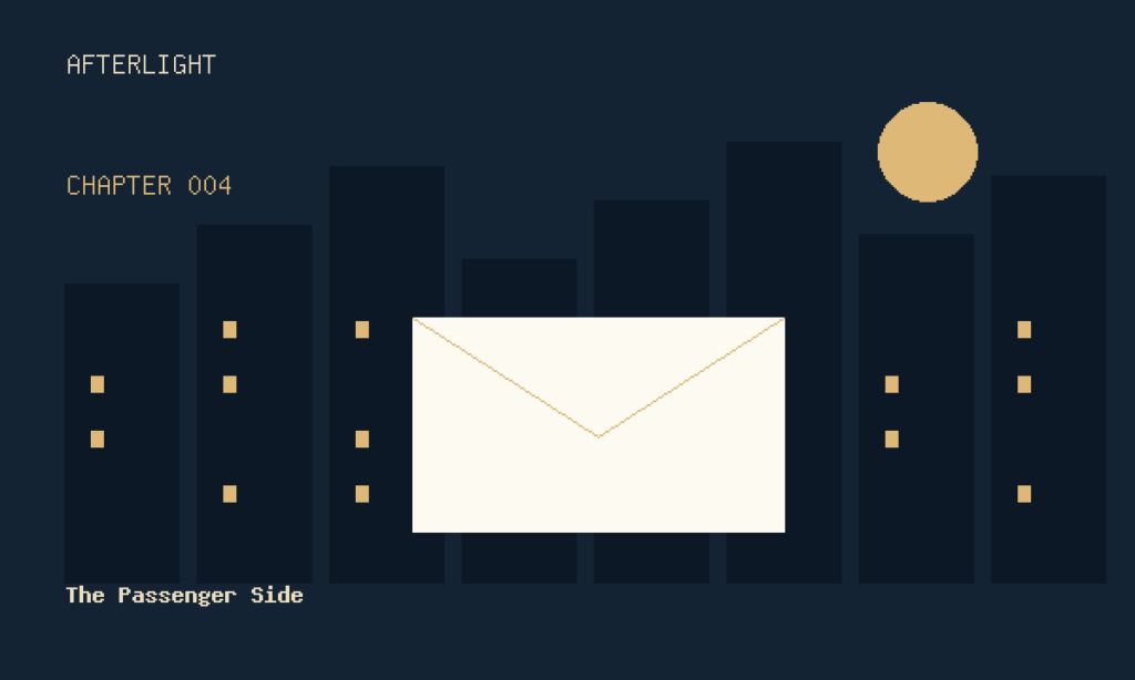 Original envelope and night-city illustration for chapter 4