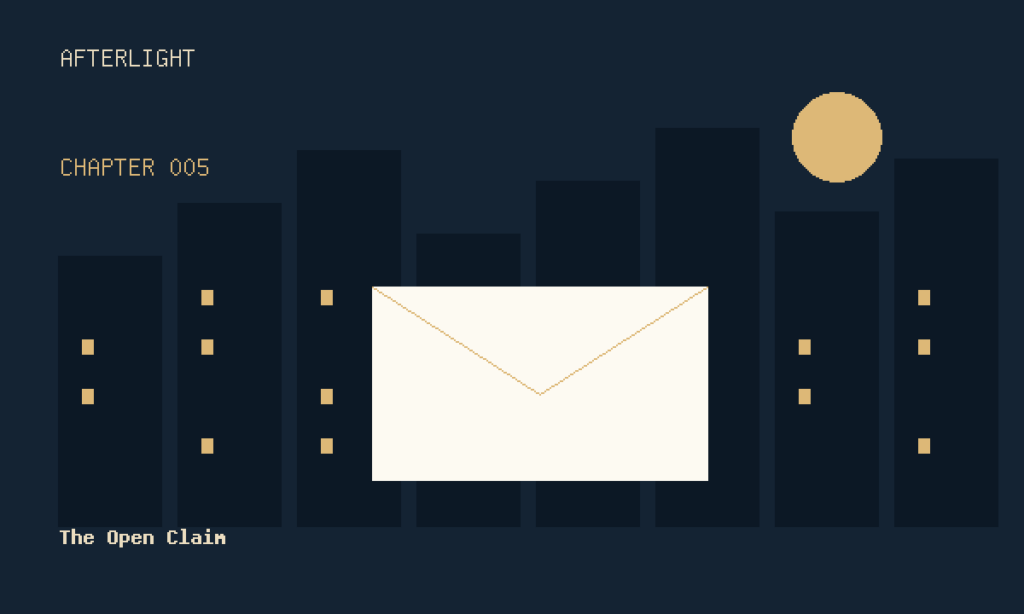 Original envelope and night-city illustration for chapter 5